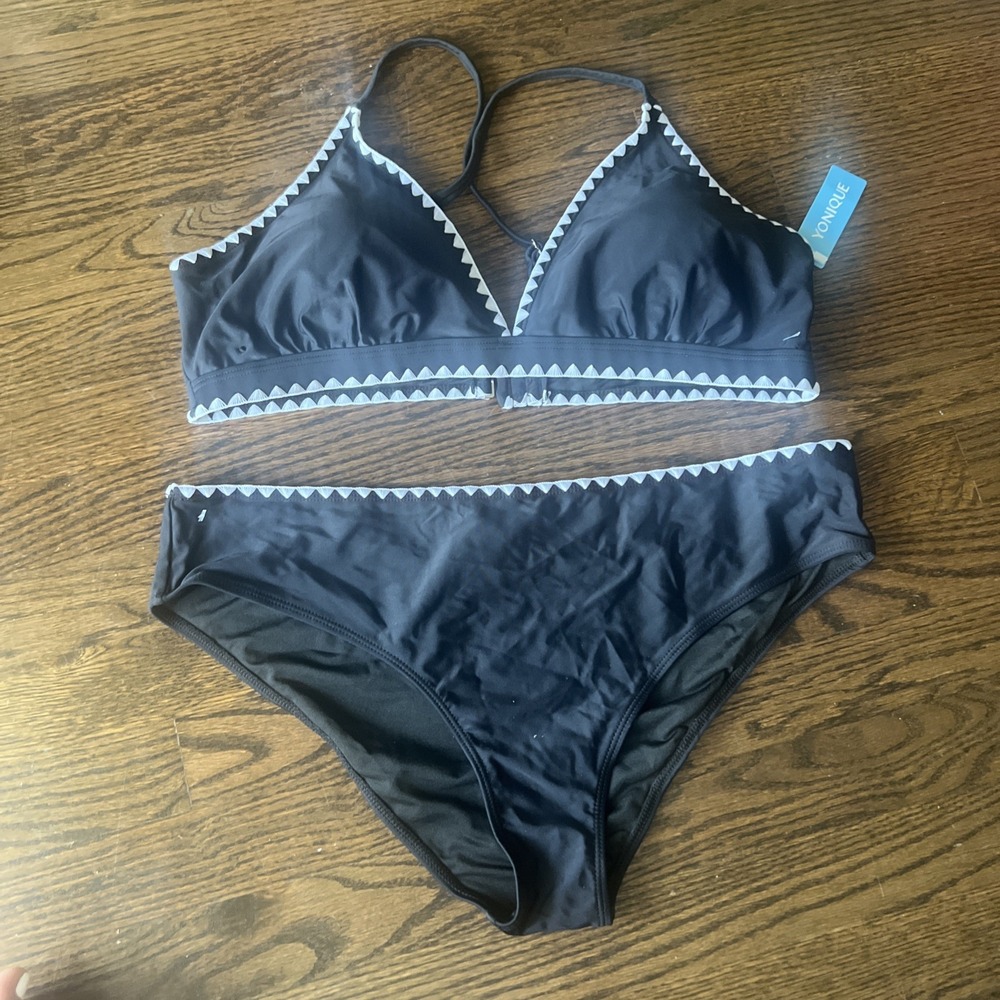 YONIQUE Two Piece Bikini Swimsuit Whipstitched Triangle Trim Black XxL Women's